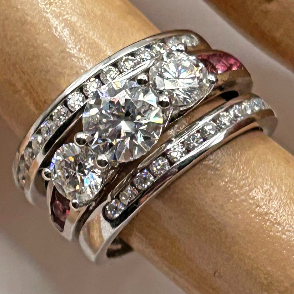 NEW Set of 3! Moissanite, Ouro Fino Rubellite 2.35 ctw Stackable Rings. Sterling